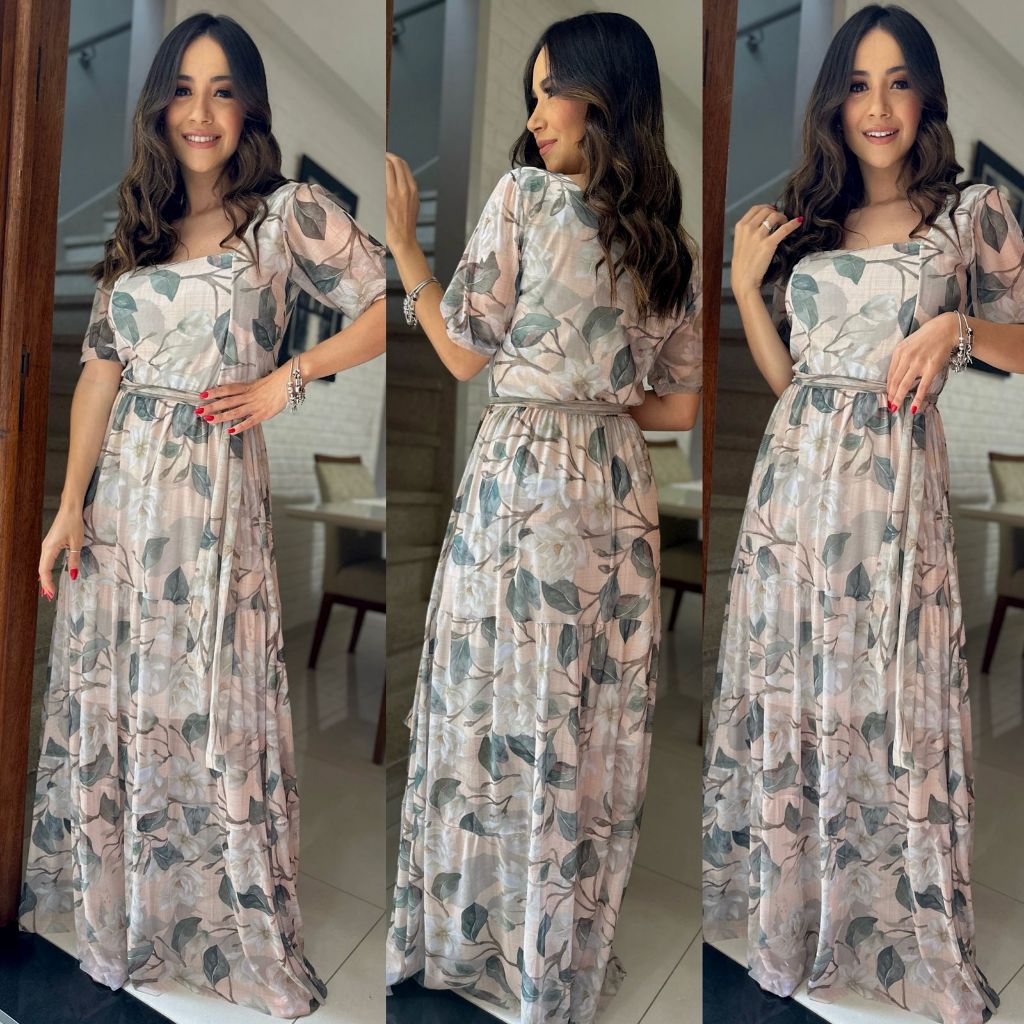 vestido florido para noivado batizado casamento em sítio chácara em tule manga curta delicado moda evangélica eventos especiais