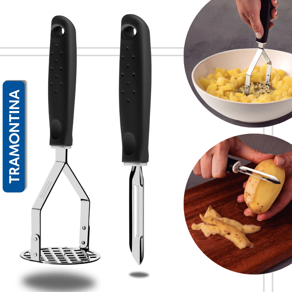 Kit Descascador de Legumes e Frutas Tramontina + Amassador de Batatas Inox em Oferta na Shopee