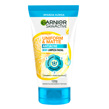 Garnier Sabonete facial 3 em 1 Uniform & Matte Antiacne, Esfolia levemente, Antimarcas e Antioleosidade