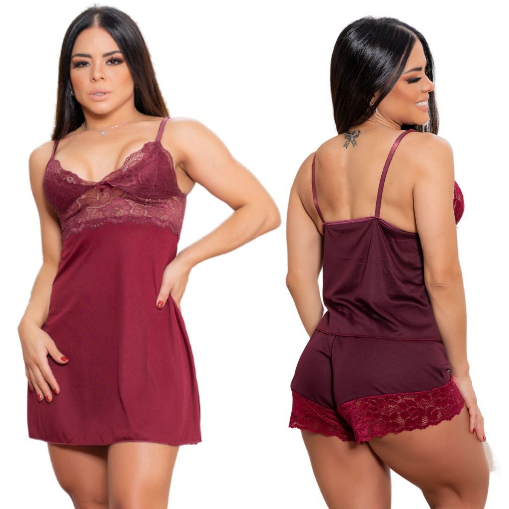 kit  Com 1 camisola feminina com renda  e 1 baby doll short doll pijamas Roupa de dormir em Oferta na Shopee