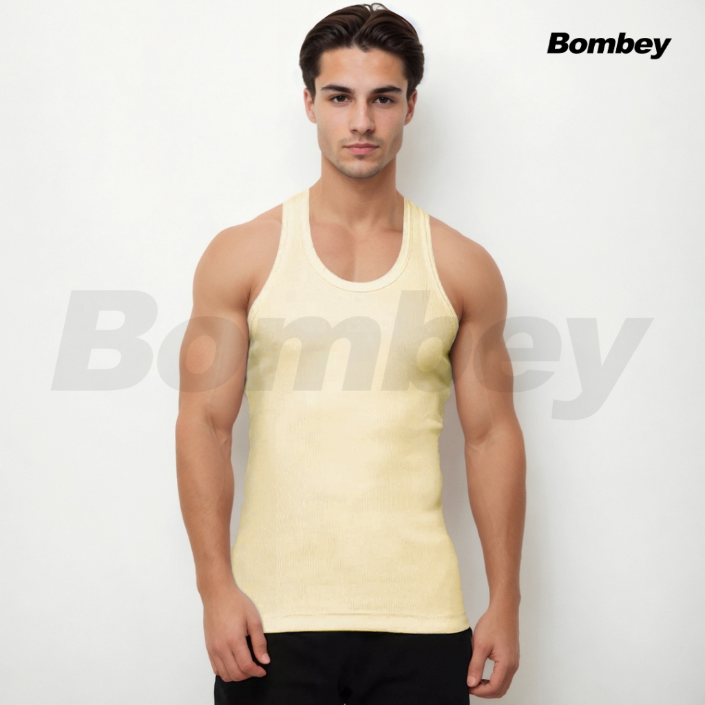 Regata Masculina Amarelo Claro Tank Modelo Americano Ribana em Algodão Elastano Bombey