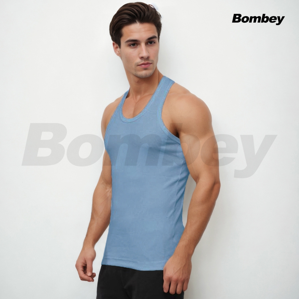 Regata Masculina Azul Bebê Tank Modelo Americano Gringa Ribana Canelada em Algodão e Elastano Bombey