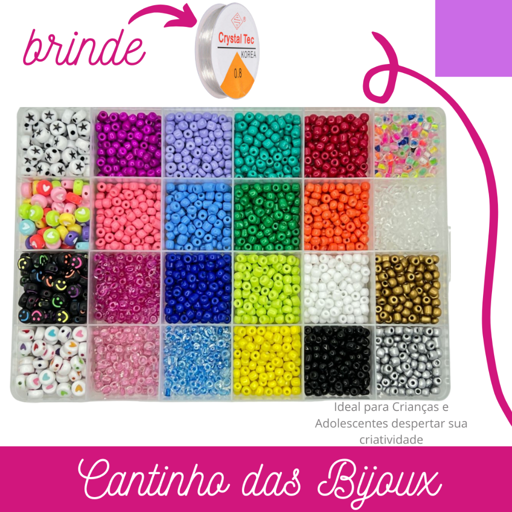 Kit Miçangas de vidro Completo entremeio colorido infantil pulseira colar + Silicone aprox 2500 pçs em Oferta na Shopee