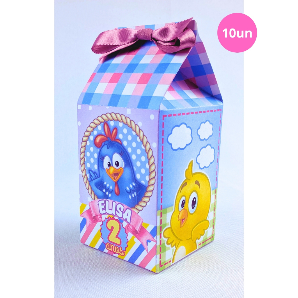 Kit 10 Caixinhas Personalizadas da Galinha Pintadinha Formato Milk de Papel Offset 180g Para Festas de Aniversários