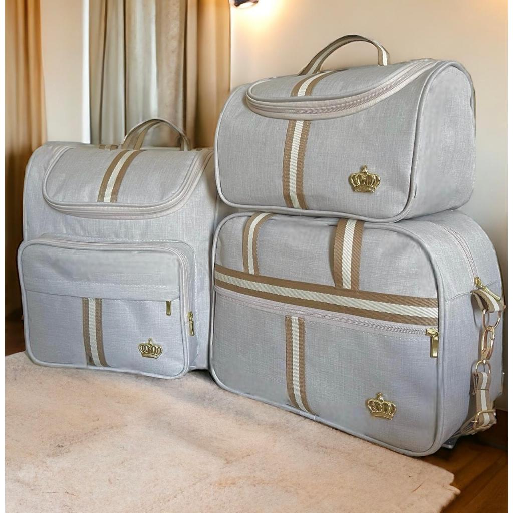 Kit Classic Bege de Bolsas Maternidade 03 Peças Bege creme  com Faixa Marrom