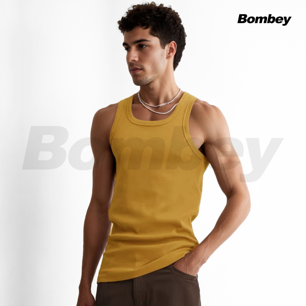 Regata Masculina Mostarda Tank Modelo Americano Gringa Ribana em Algodão e Elastano Bombey