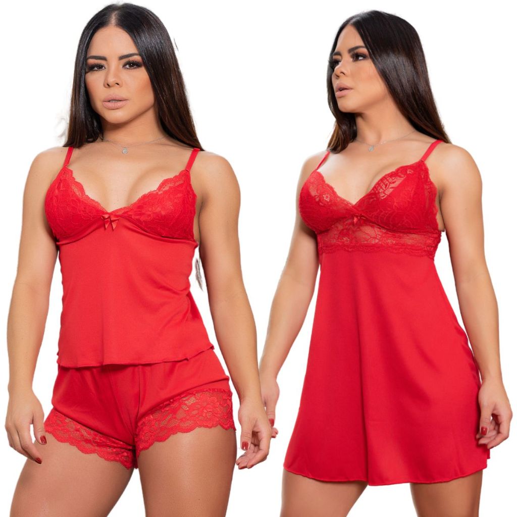 kit  Com 1 camisola feminina com renda  e 1 baby doll short doll pijamas Roupa de dormir em Oferta na Shopee