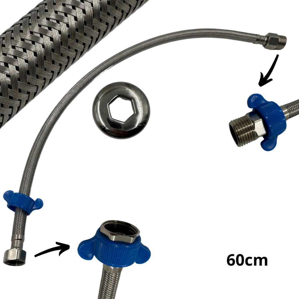 Engate Inox Flexível Mangueira Aço Trançado 60cm Rabicho para Torneira Quente e Fria com Chave de aperto — imagem 2 de 2
