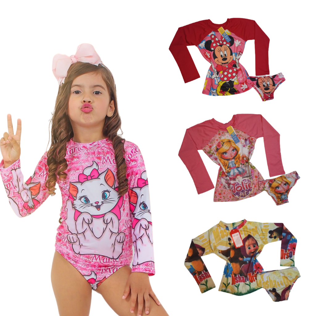 Conjunto camisa de proteção solar UV infantil manga longa e calcinha praia verão para Menina biquíni