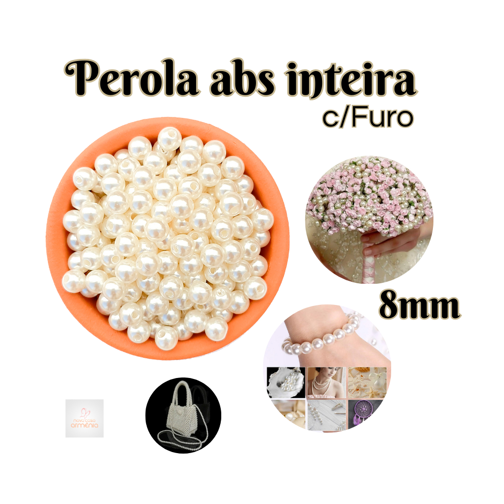 Perola Inteira Abs com furo 8mm Perola 500g pacote contem aprox. 1800 peças