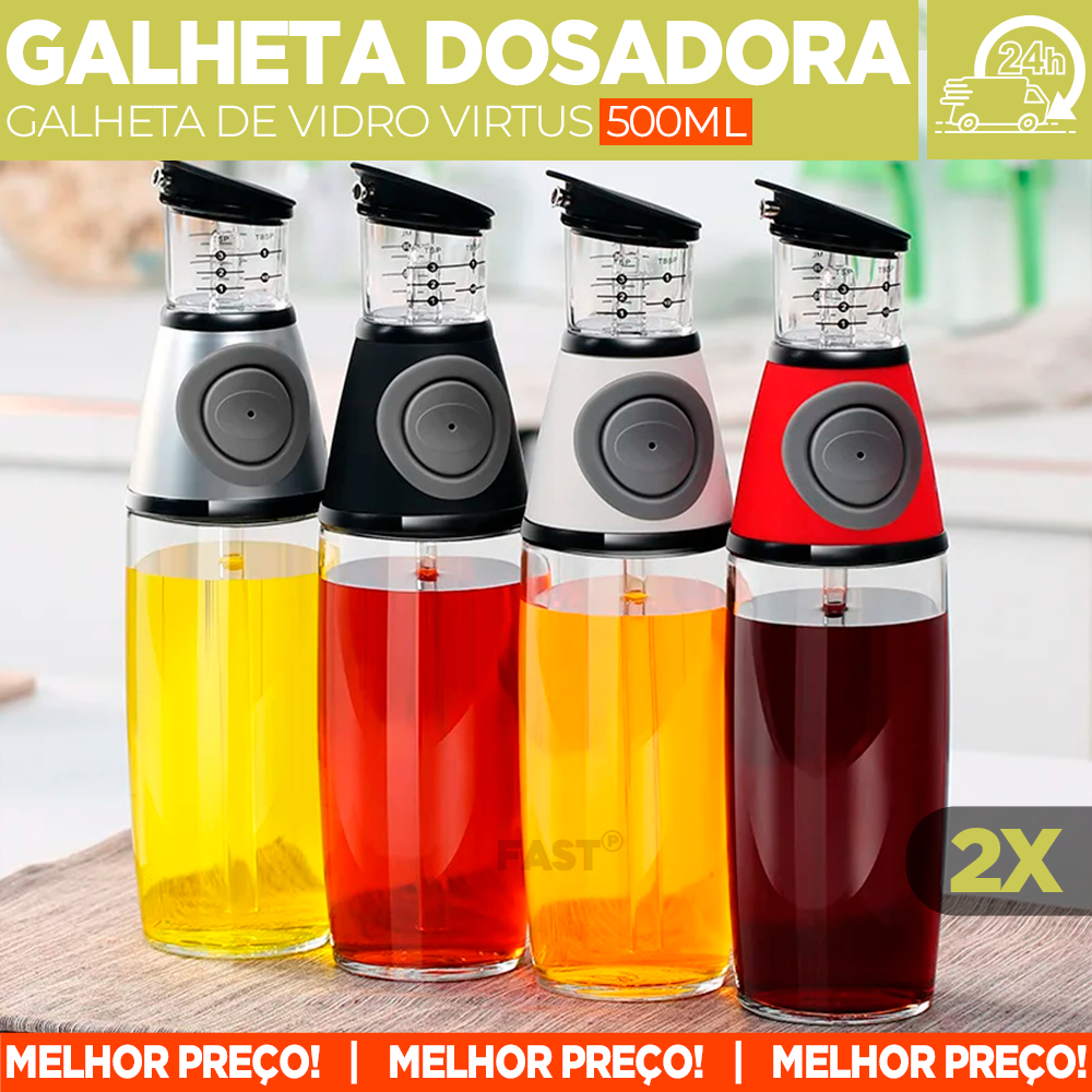 Kit 2 Galheteiro Galheta de Vidro Com Dosador Integrado Virtus 500ml Multiuso Para Armazenar Azeite Temperos Líquidos Oleo Casa Organização Bancada Vedação em Silicone Cozinha Profissional Utilidade Doméstica - ENVIO IMEDIATO