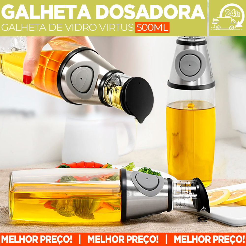 Galheta Galheteiro de Vidro Com Dosador Integrado Virtus 500ml Multiuso Para Armazenar Azeite Temperos Líquidos Oleo Casa Organização Bancada Vedação em Silicone Cozinha Profissional Utilidade Doméstica - ENVIO IMEDIATO