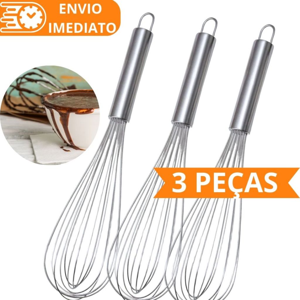KIT 3 Fouet Batedor de clara ovo fue 100% Aço INOX para Cozinha Casa Diversas Receitas Bolo Pão Farinha