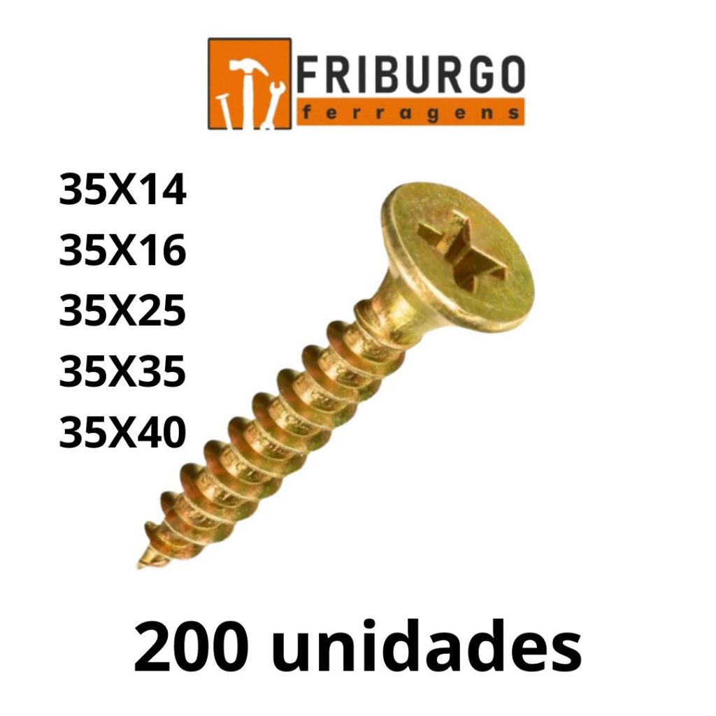 Kit com 200 UND Parafuso Chipboard Cabeça Chata (35X14, 35X16, 35X25, 35X35, 35X40) em Oferta na Shopee
