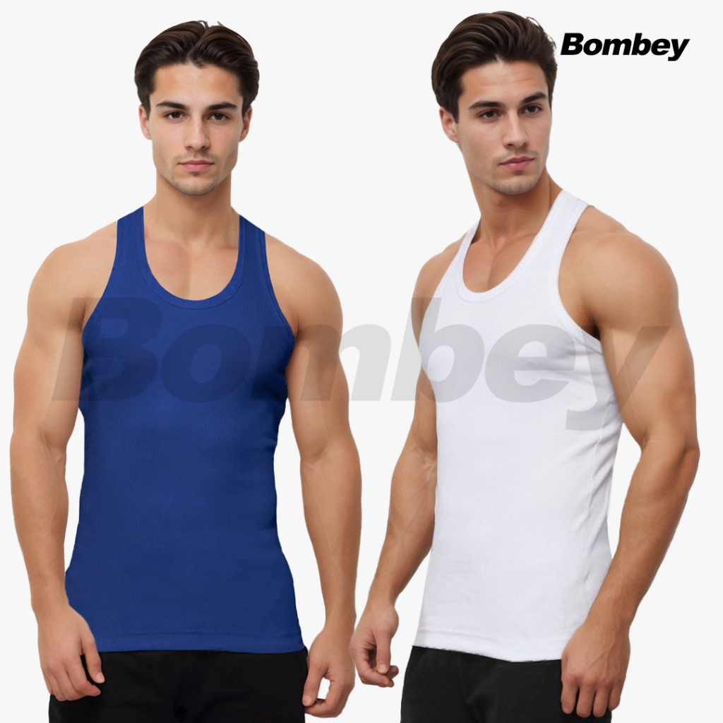 Kit 2 Regatas Masculina Branca + Cores Tank Modelo Americano Ribana Algodão e Elastano - Bombey