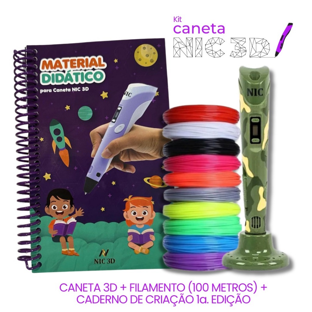 KIT – Caneta 3D Camuflada + 100 Metros de Filamentos + Caderno de Impressão 3D