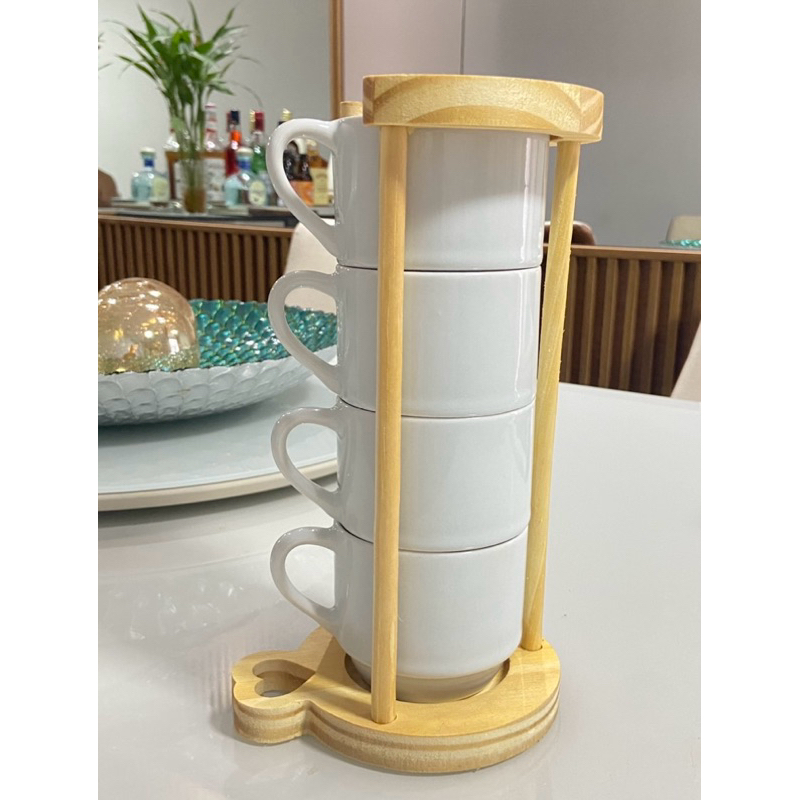 Kit 4 Xícara Chá Café Modelo Hotel 200 ml Com Suporte Em Pinus