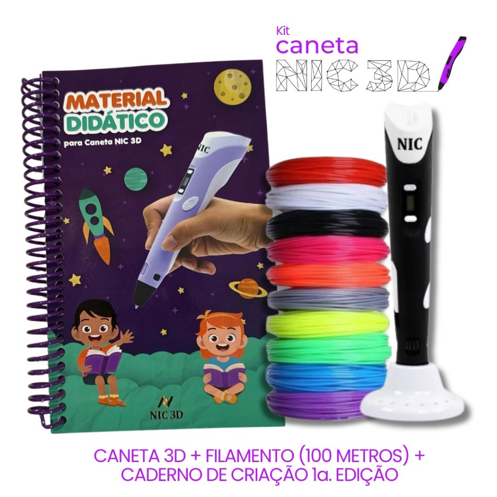 KIT - Caneta 3D Preta + 100 Metros de Filamentos + Caderno de Impressão 3D