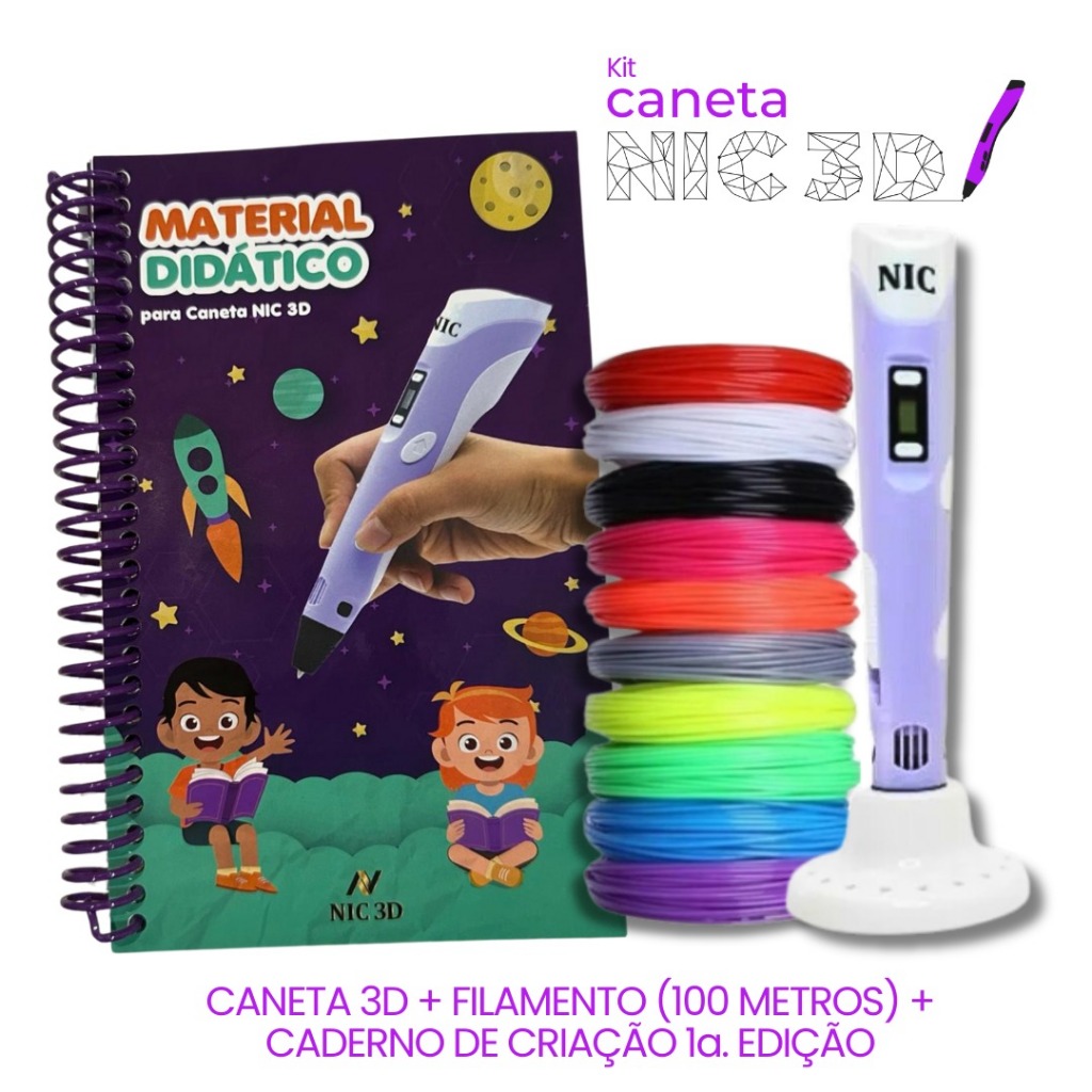 KIT -  Caneta 3D Lilás + 100 Metros de Filamentos + Caderno de Impressão 3D