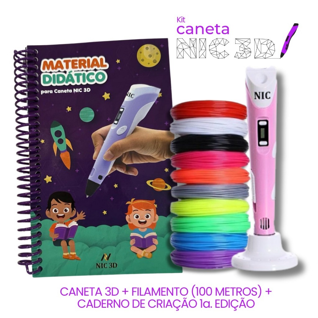 KIT – Caneta 3D Rosa + 100 Metros de Filamentos + Caderno de Impressão 3D