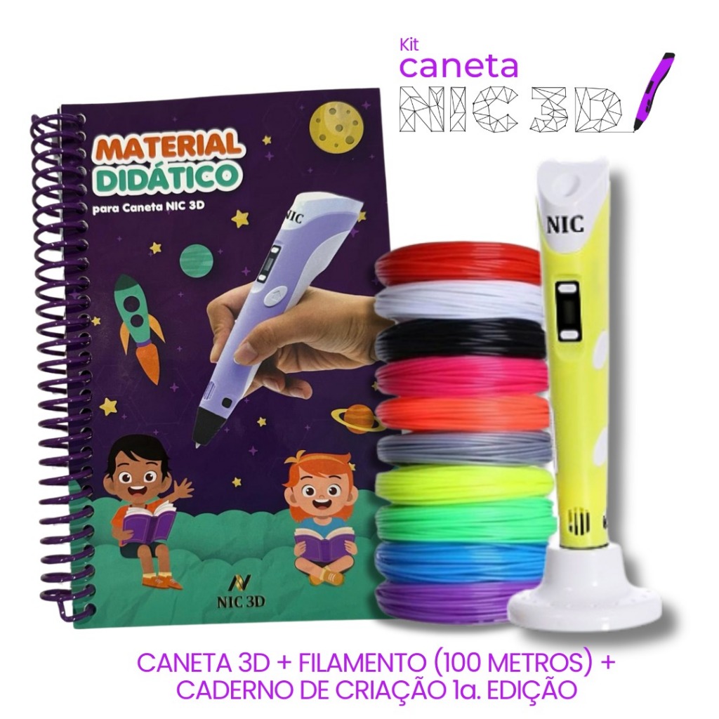 KIT – Caneta 3D Amarela + 100 Metros de Filamentos + Caderno de Impressão 3D 1º edição
