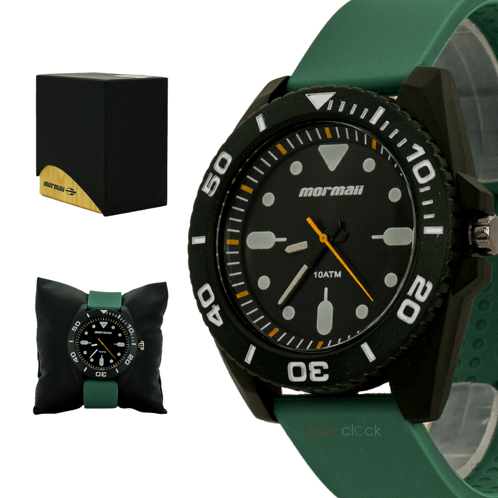 Relógio Mormaii Original Masculino Preto Silicone Verde Resistente a Agua 1 Ano de Garantia - Watches
