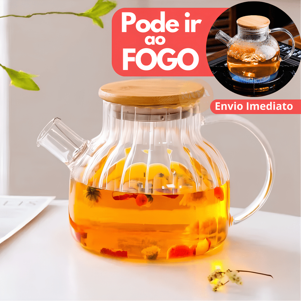 Chaleira de Vidro 1,5 Litro Tampa de Bambu Premium Borossilicato Resistente a Calor de ir Ao Fogo Bule com infusor