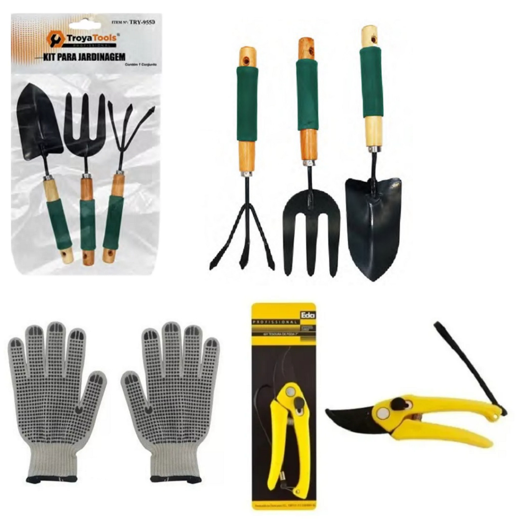 KIT JOGO CONJUNTO JARDINAGEM TESSOURA PODA, PÁ, ANCINHO, GARFINHO, LUVAS PROFISSIONAL