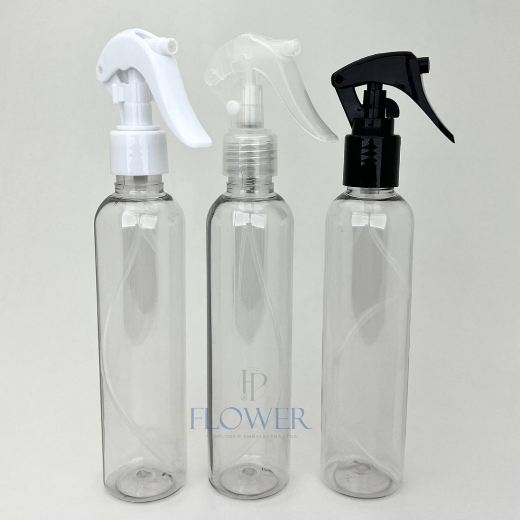 10 frascos pet cilíndrico 200ml com válvula gatilho borrifador