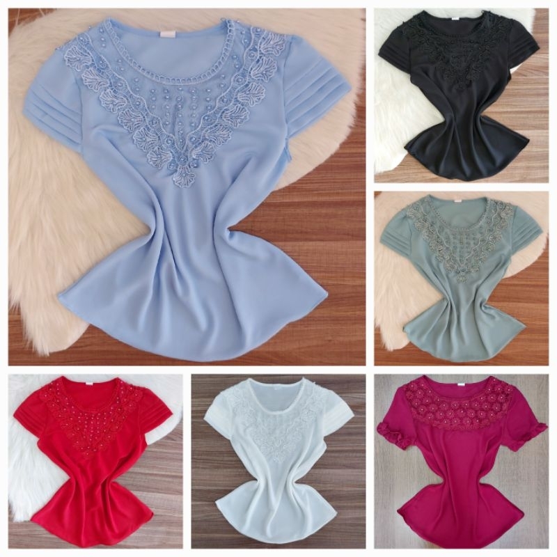 Blusa feminina delicada de crepe com pérolas e renda, blusa social