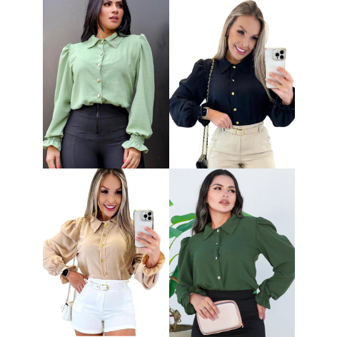Camisa Feminina Social com Botão  Manga Longa Elegante no Tecido Duna  Super Tendências Moda em Oferta na Shopee
