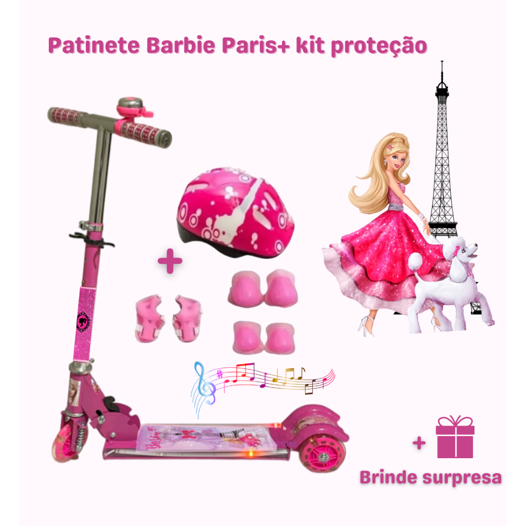 Patinete de Ferro Infantil da Barbie Paris + Kit Proteção Adesivo Personalizado + Envio Para Todo Brasil + Surpresa em Oferta na Shopee
