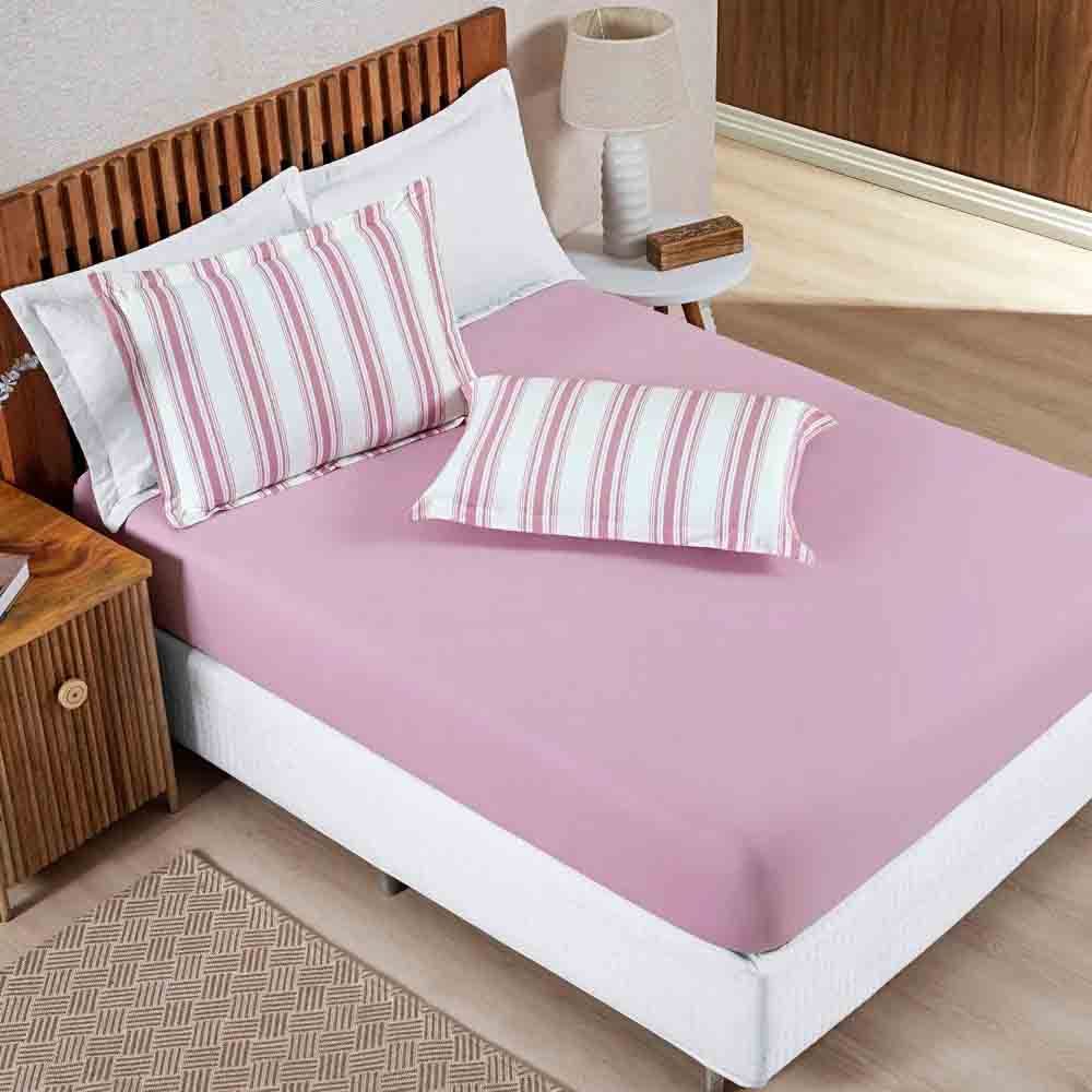 Jogo De Lençol Marin Cama Casal Queen 03 Peças Toque Macio Malha 100% Algodão Estampado Rosê