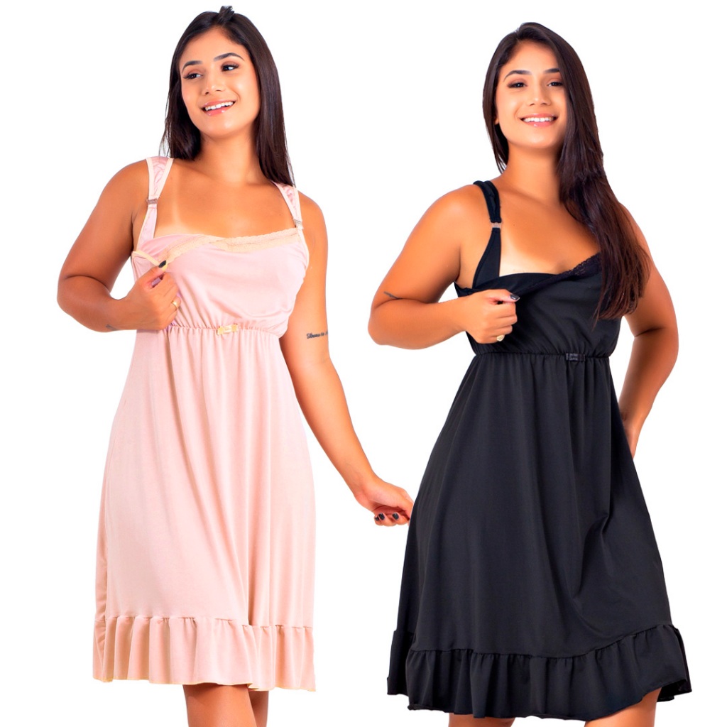 Kit 2 Camisolas de Amamentação Microfibra e Renda Fecho Mamãe e Bebê | 184