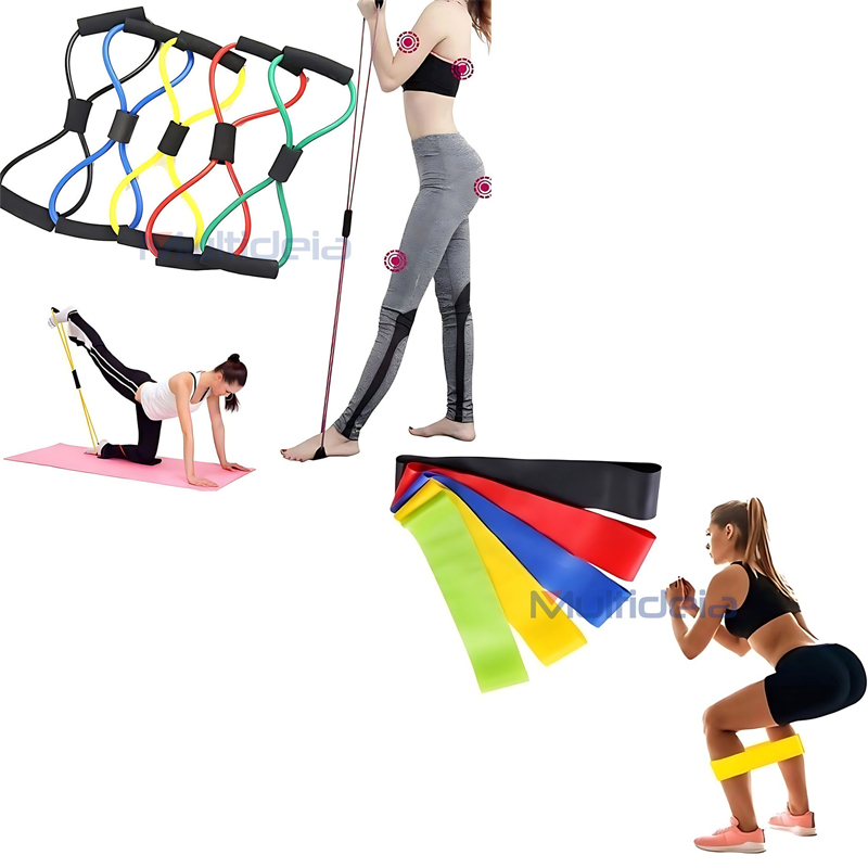 Multideia Kit Fitness Crossfit Extensor 8 Exercício Musculação com 5 Fita Elástico Colorido
