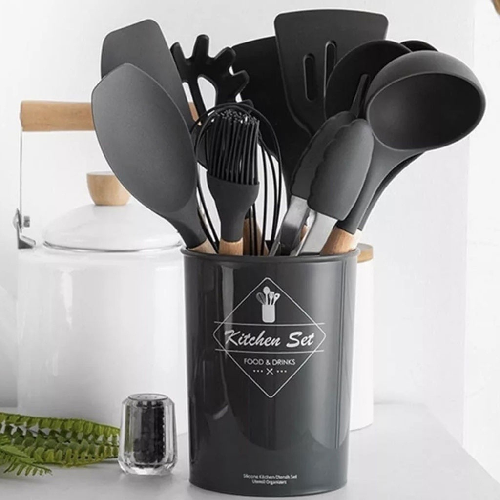 Jogo de Cozinha Kit C/12 Peças de Silicone, Utensílios e Copo Suporte para Cozinha Cabo de Madeira QUEBOM