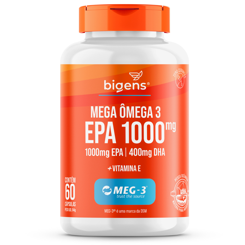 Mega Omega 3, EPA 1000mg DHA 400mg, com vitamina E, Certificado MEG-3, 60 cápsulas, Bigens (UNIDADE) em Oferta na Shopee