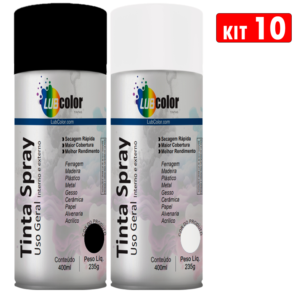 Kit 10 Tinta Spray Preto Ou Branco Uso Geral Metálico Brilhante Papel Plástico Madeira Ferro 400ml