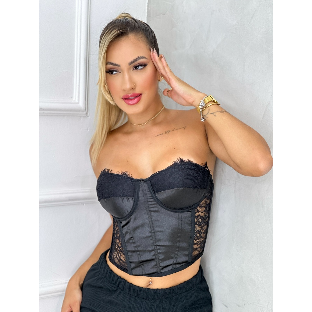 Cropped Cetim Renda Feminino Corselet Tule Preto tomara que caia nova tendencia verao