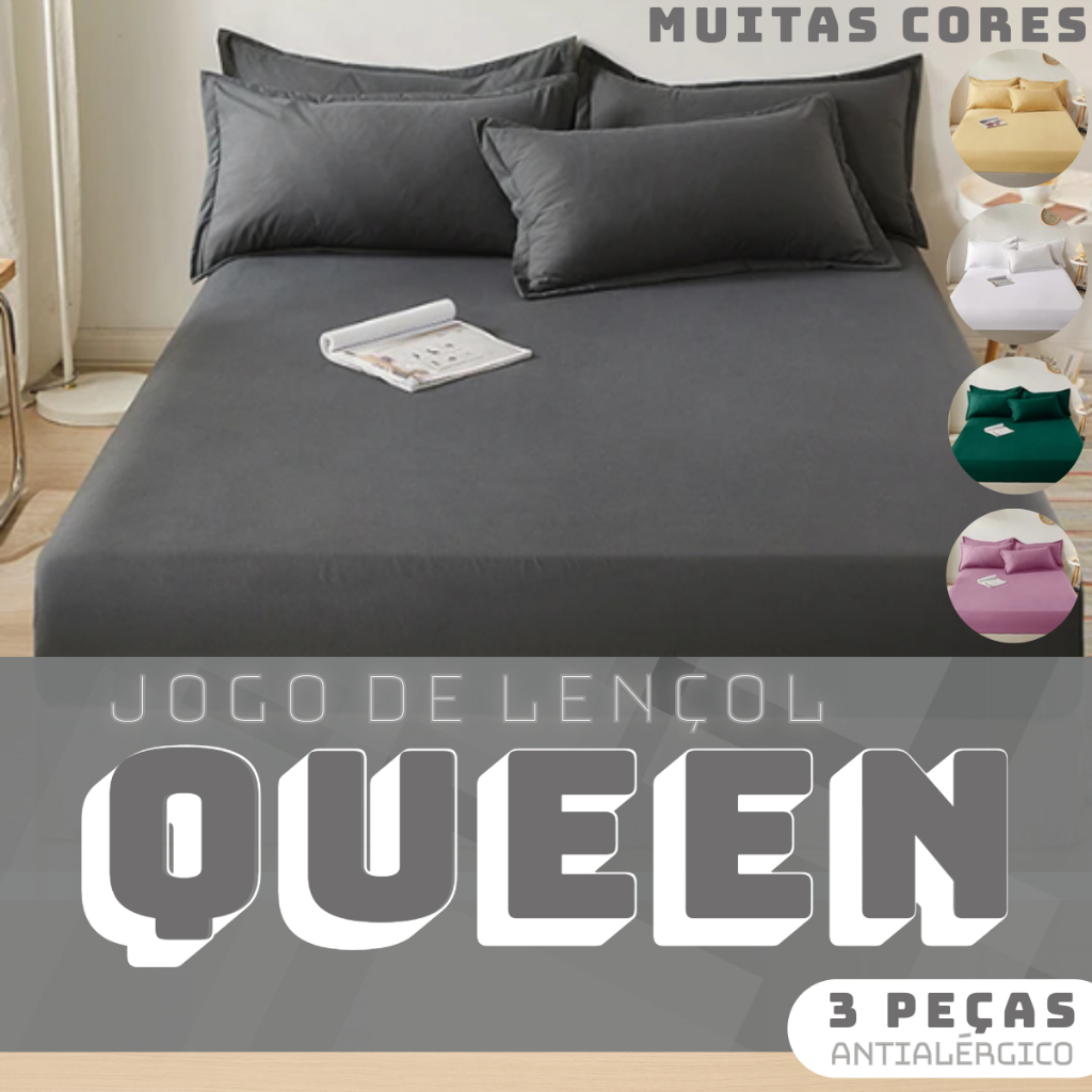 kit Jogo Lençol de Cama Queen 3 Peças Liso 1,98m x 1,58m x 30cm  - Várias Cores