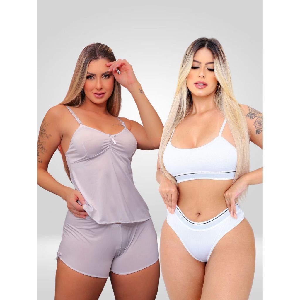 Kit 1 Short Doll Liso com Regulagem sem Bojo + 1 Conjunto Top e Calcinha sem Bojo