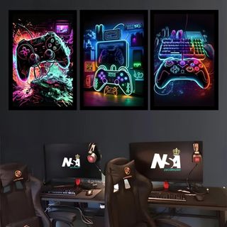 Kit quadros decorativos 3 peças hora do jogo vídeo game controles  para sala quarto escritório