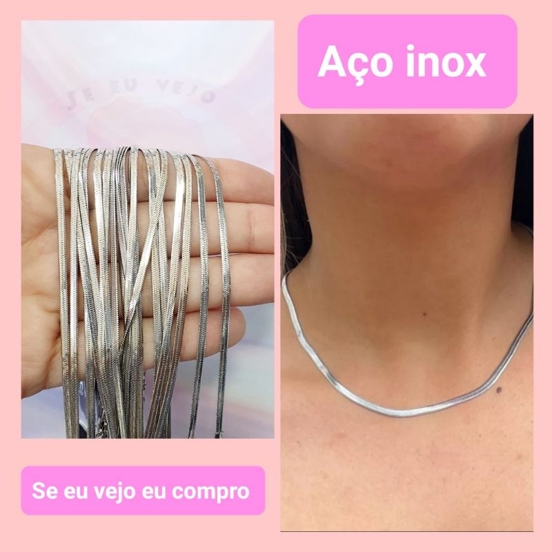 Colar Laminado aço inox cirúrgico pulseira fita laminada cobra gargantilha corrente liso moda choker em Oferta na Shopee