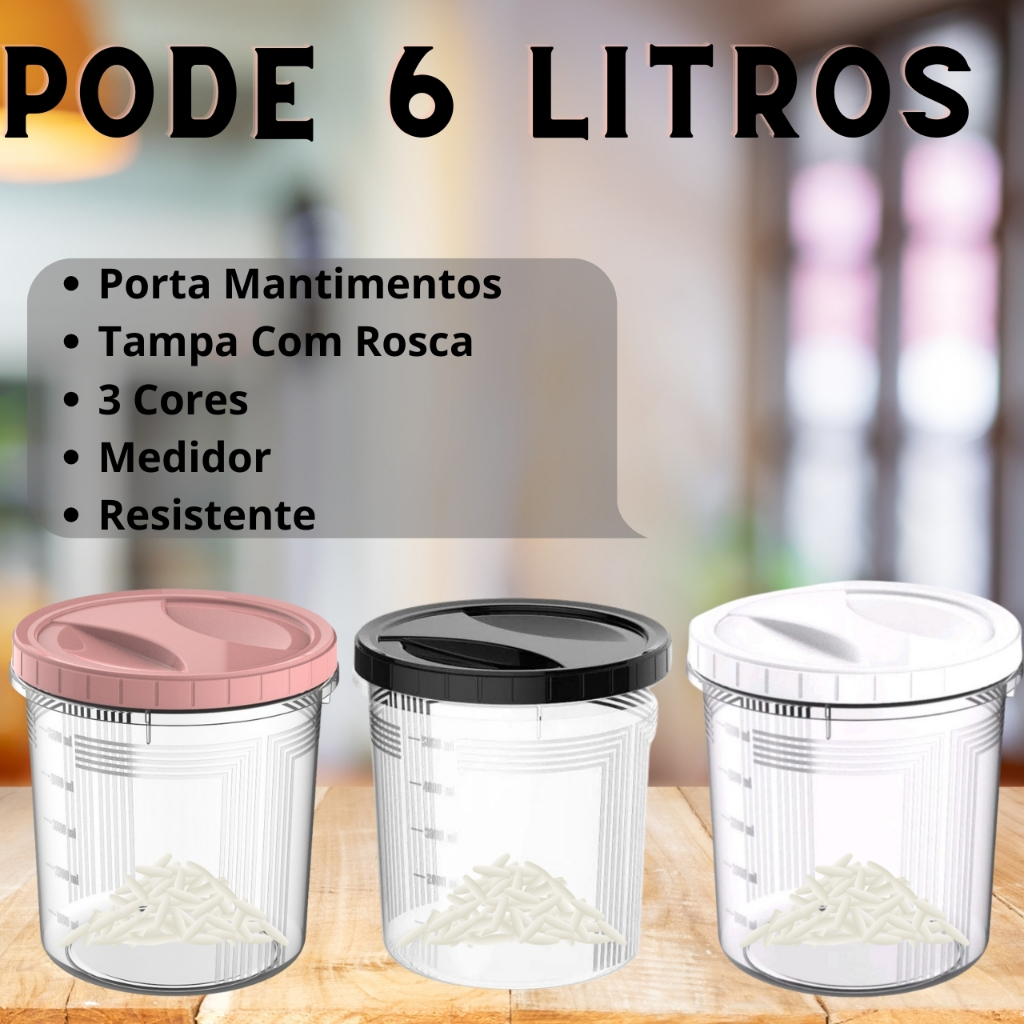 Pote Grande Com Tampa Rosqueável 6 Litros Preto Branco Uninjet Organizador de Alimentos Multiuso Armazenamento Arroz Feijão Bala Doce