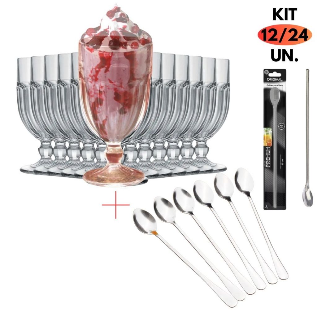 Jogo Kit 12/24 Peças Taça Vidro 470ML Bristol Sobremesa + Colher Inox Bailarina 20Cm Açaí Sorvete Doce