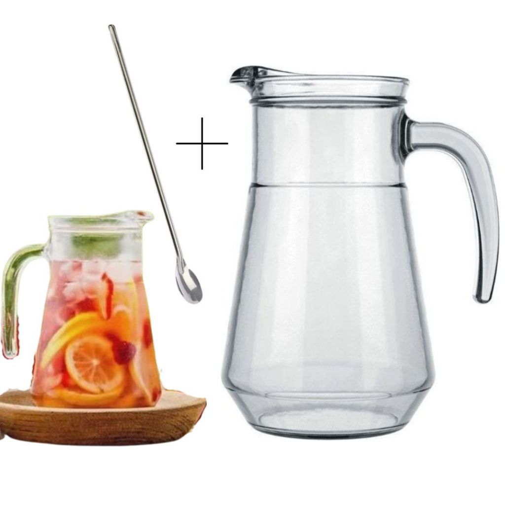 Jogo 2 Peças Jarra Vidro Bar 1.5L + Colher Bailarina P/Misturar Suco Drink Aço Inox Jogo Buffet Refrigerante Servir Resistente Restaurante