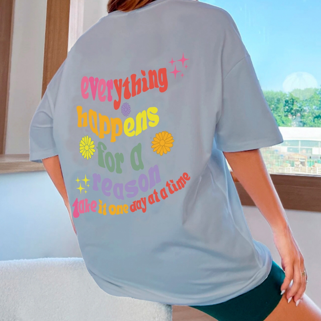 T Shirt Take It One Day At A Time Flores Bordada Azul Bebê Claro Camisa Larga Personalizada Unissex