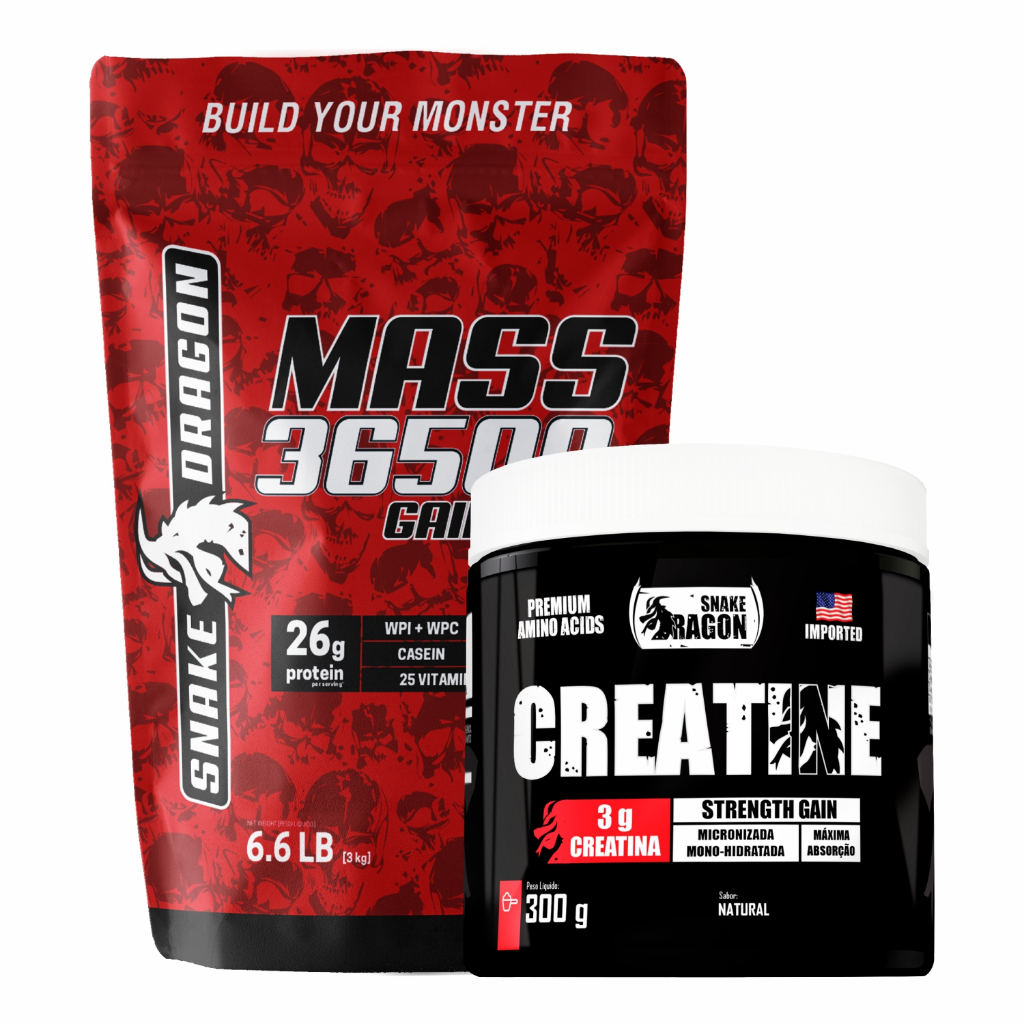 Kit Hipercalórico Mass 36500 Gainers 3kg + Creatina Snake Dragon 300g