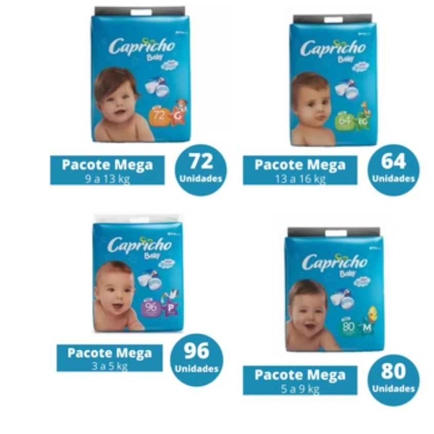 Fralda Capricho Baby Mega P M G XG - Atacado 12h Proteção