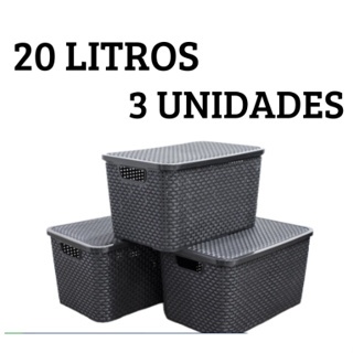 Kit 3 Caixas Organizadoras Cesto Multiuso Rattan 20 Litros Com Tampa Preto Caixa Organizadora ARQPLAST TOY